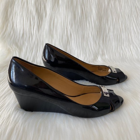 Coach Black Patent "Palace" Peep Toe Wedge Sz 7.5 - Picture 2 of 6